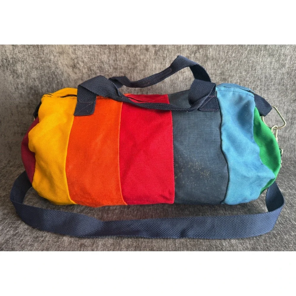 VTG Snitz Rainbow Colorblock Canvas Duffel Bag Barrel Duffle Strap Multi Color